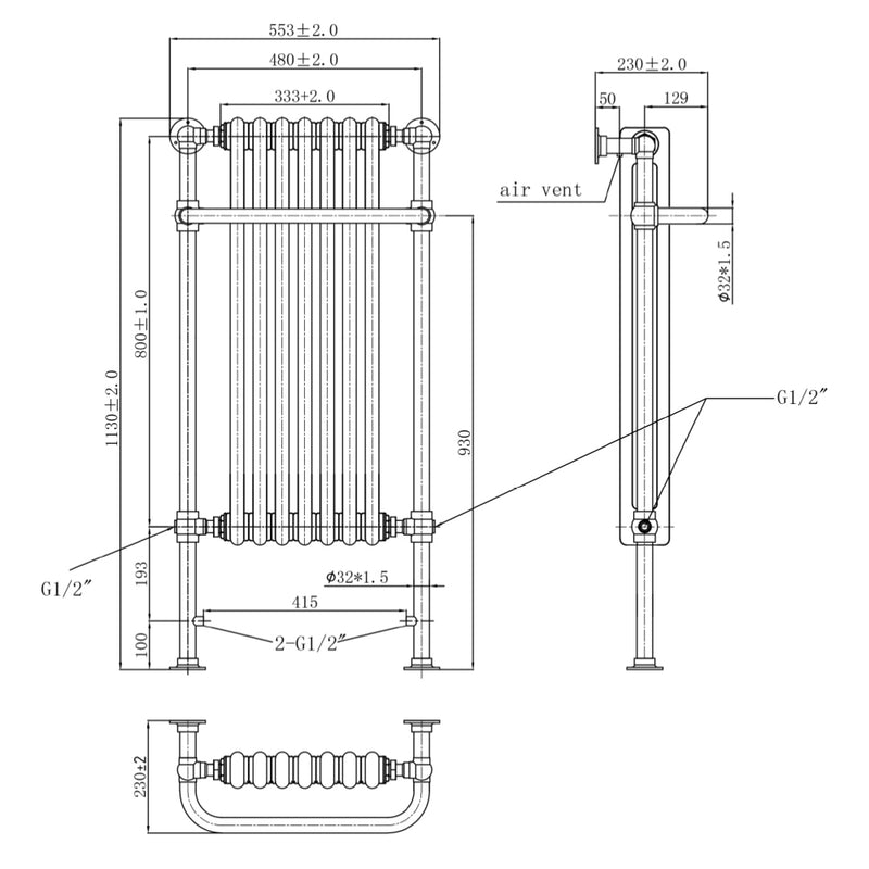 Traditional Towel Radiator Gold Technical Drawing