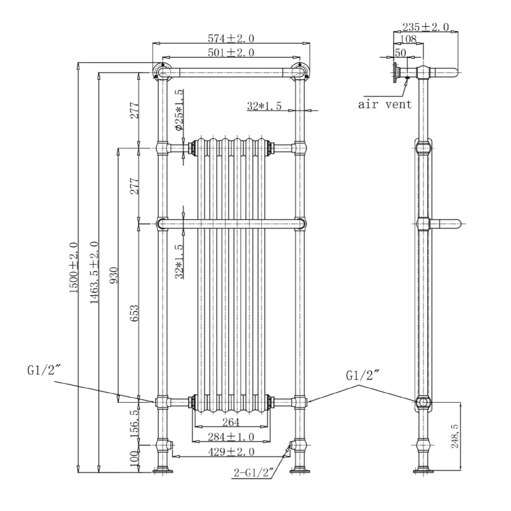 Tall Traditional Towel Radiator Gold dimensions