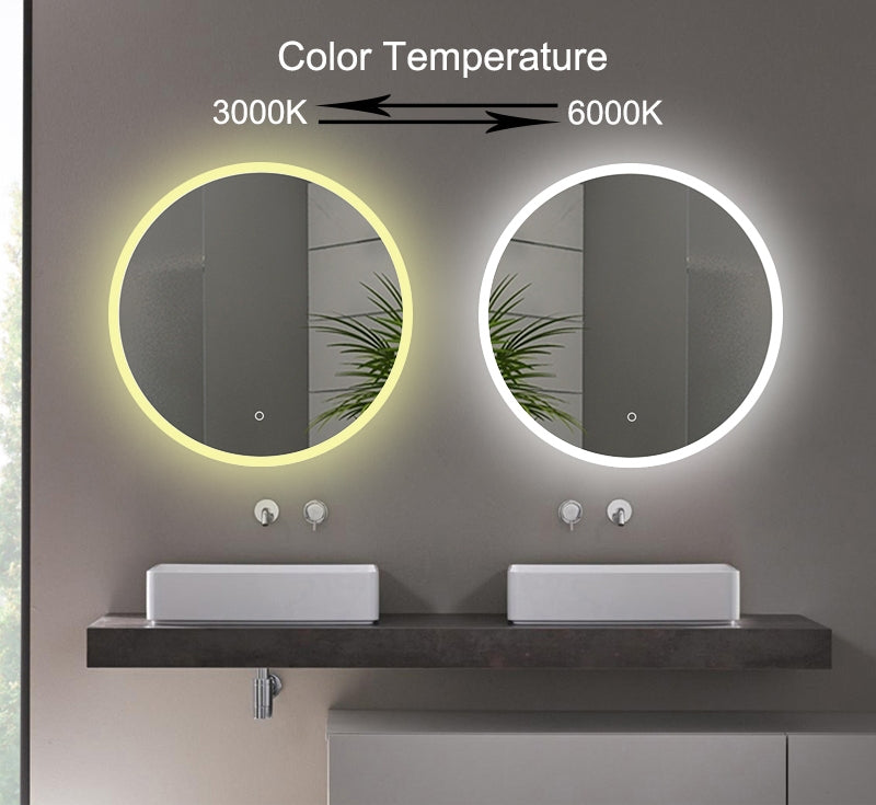 Miroir de salle de bain rond éclairé avec tampons anti-buée - 600 mm