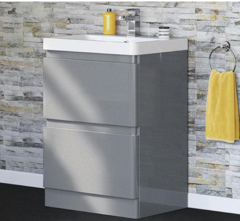Glossy Nova 2 Drawer Floor Standing Bathroom Cabinets with Ceramic Basin in Gray Colour 