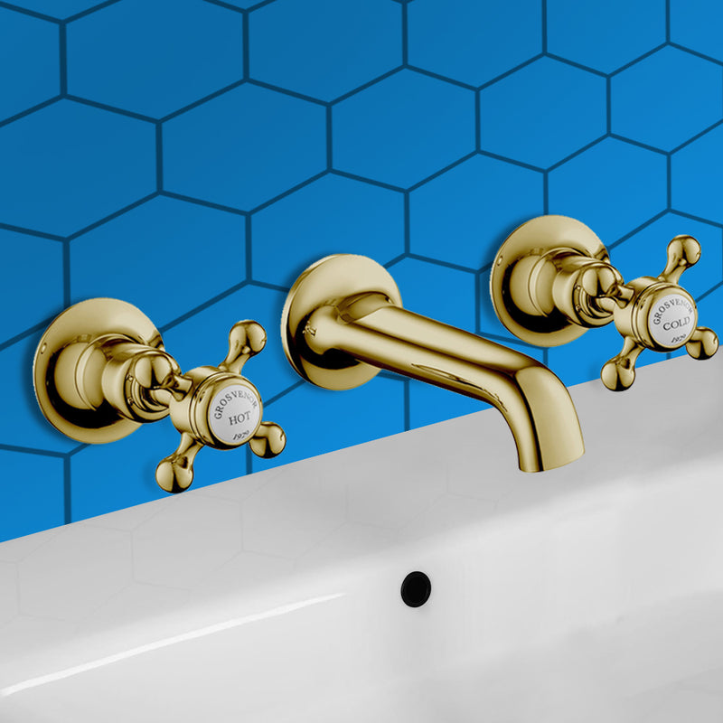  Cross 3 Hole Gold Basin Taps with Wall Mounted Fitting