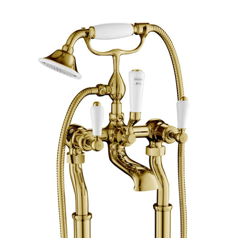 Chester Lever Gold Bath Shower Mixer with Kit, MP 0.5. The Bath Shower Mixer includes a Swivel spout, a Traditional ceramic telephone shower handset,