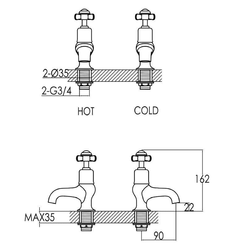 Pinch Gold Bath Taps Technical Drawing