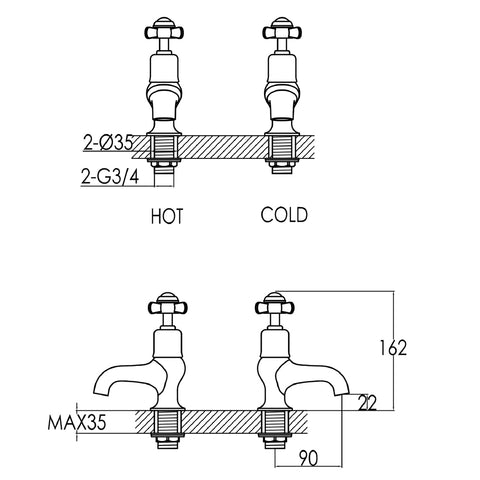 Pinch Gold Bath Taps Technical Drawing