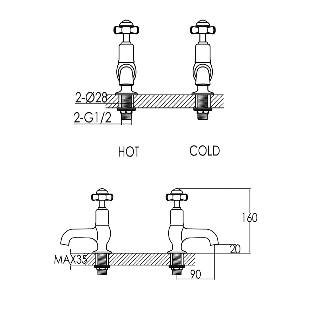 Pinch Gold Cloakroom Basin Pillar Taps with Antique Brass Finish technical drawing