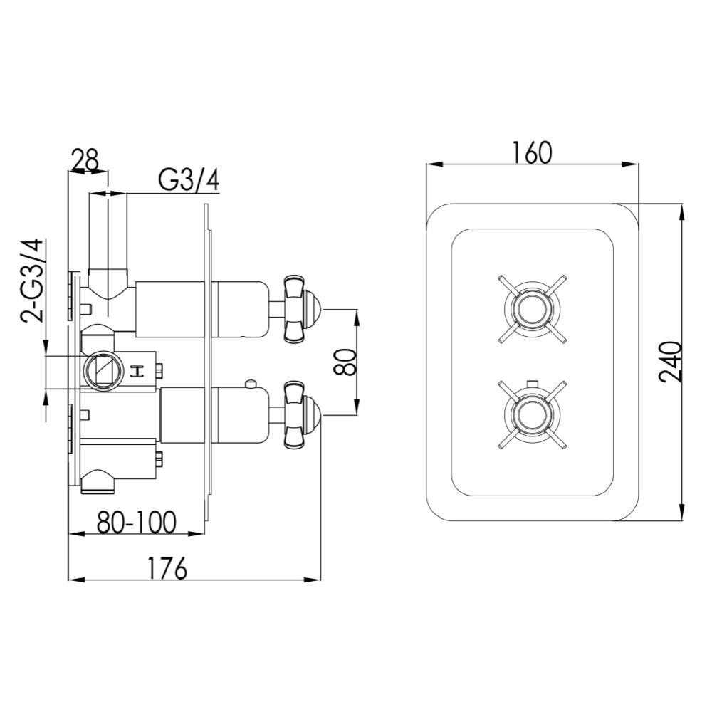 thermostatic shower mixer valve Technical Drawing