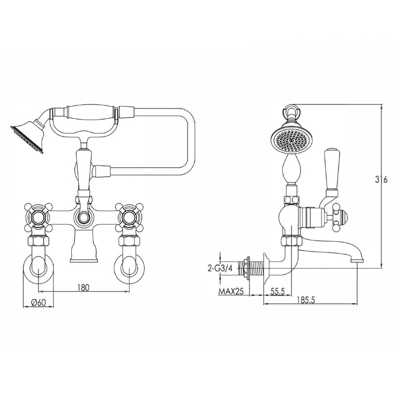 Bath Shower Mixer Wall Mounted with Kit technical drawings - Tapron