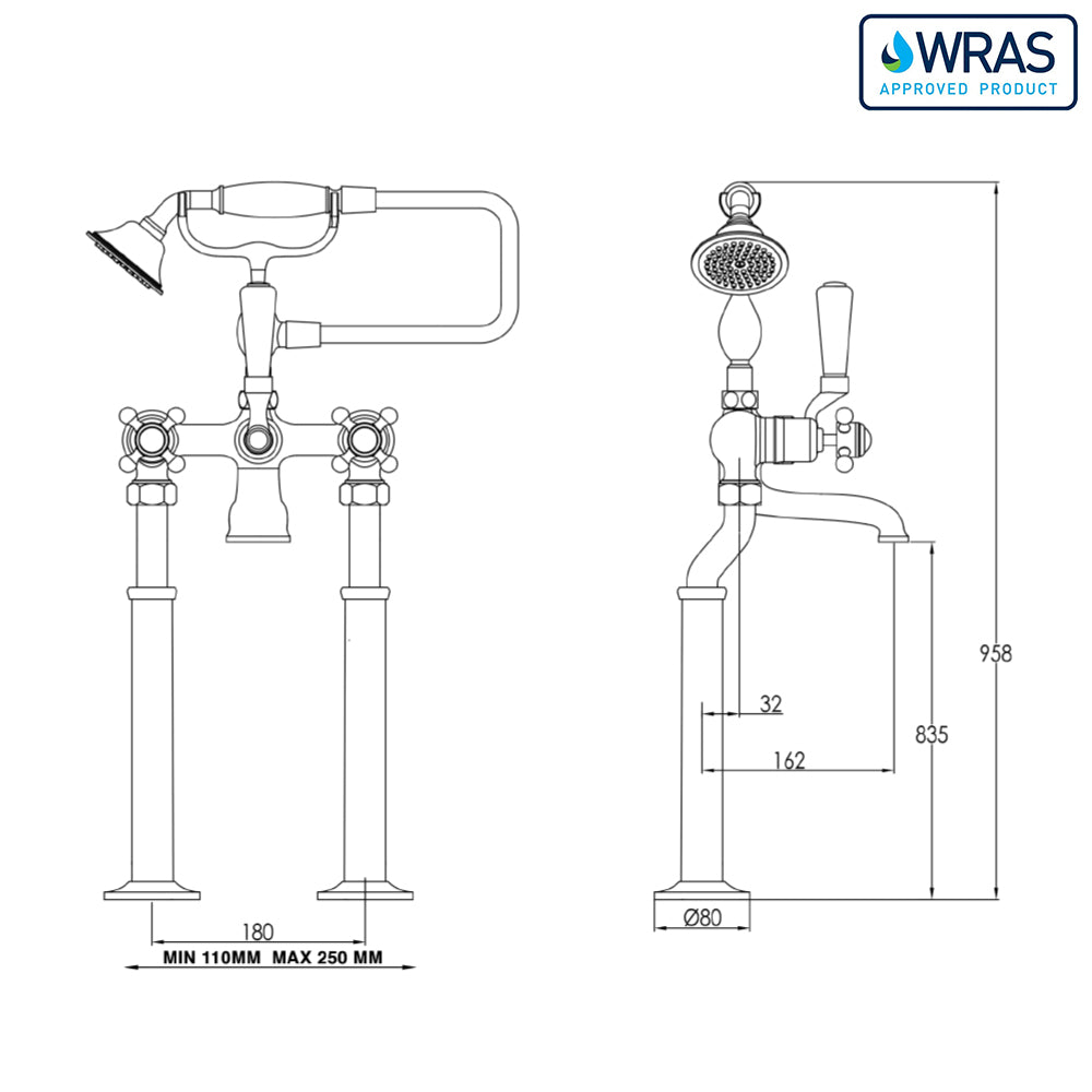 Gold Cross Floor Standing bath shower technical drawings -tapron