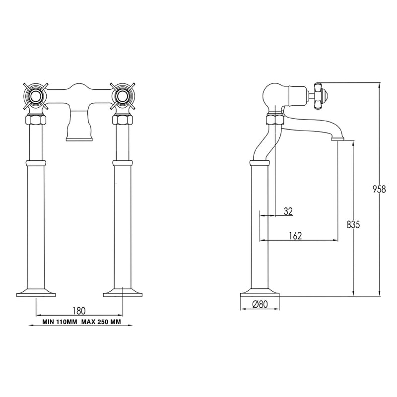 Pinch Gold Free Standing Bath Filler technical drawings Tapron