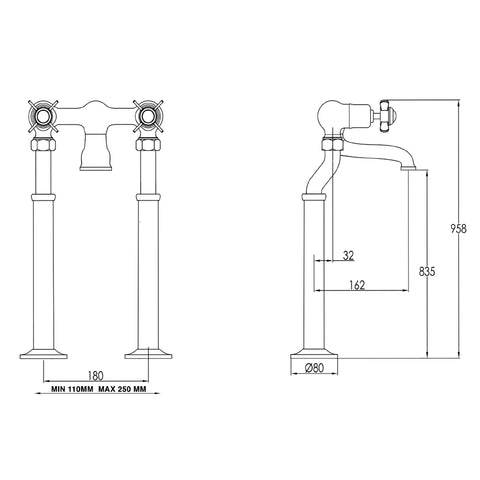 Pinch Gold Free Standing Bath Filler technical drawings Tapron