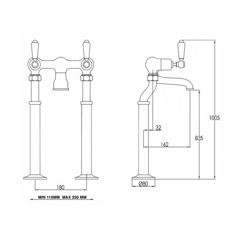 Freestanding Bath Tap Technical Drawing