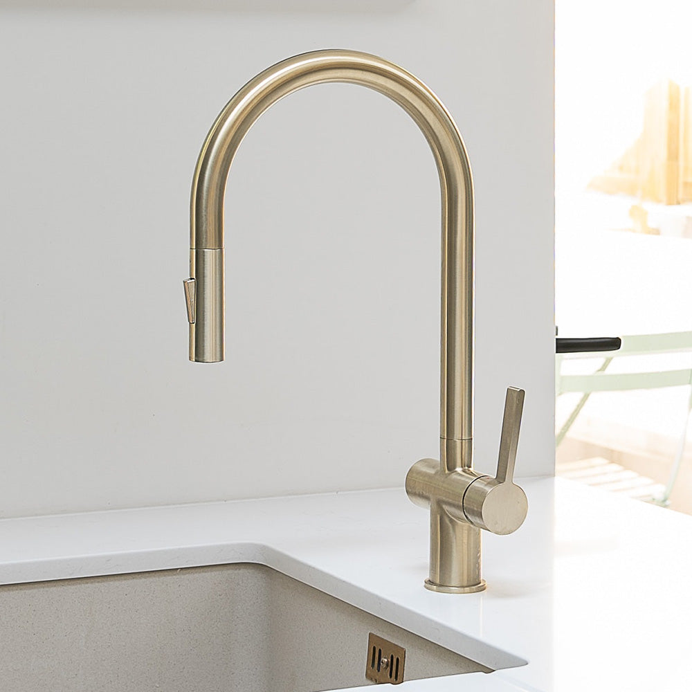 Brushed Gold Kitchen Tap with Pull-Out Spray and Swivel Spout