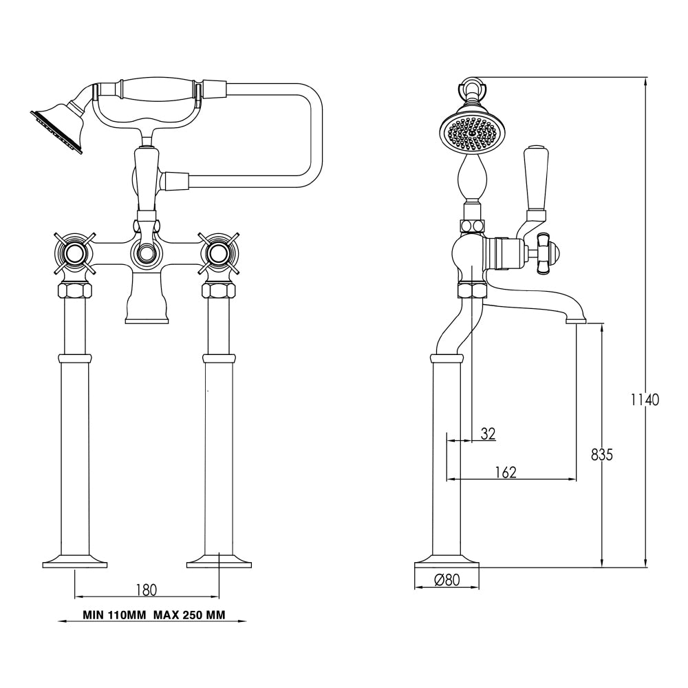 Gold Pinch Bath Shower Mixer with Kit technical drawing tapron