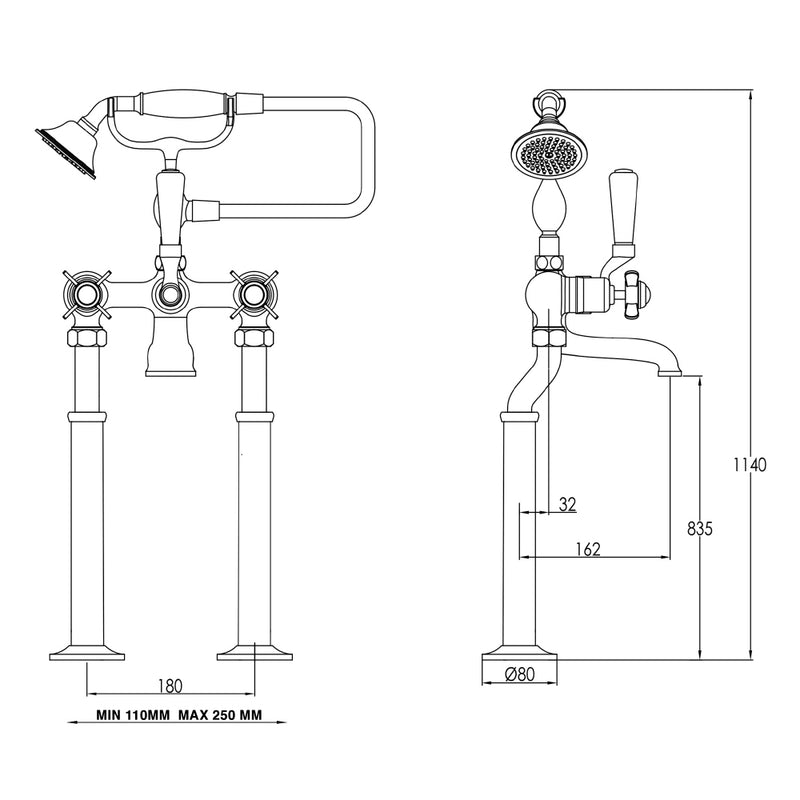 Gold Pinch Bath Shower Mixer with Kit technical drawing tapron