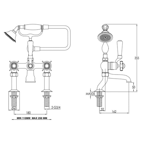 Gold Pinch Deck Mounted Bath Shower Mixer with Kit  technical drawing