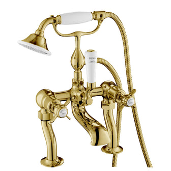 Traditional Deck Mounted Bath Shower Mixer Tap with Kit with Pinch Handles - Polished Gold Secondary image