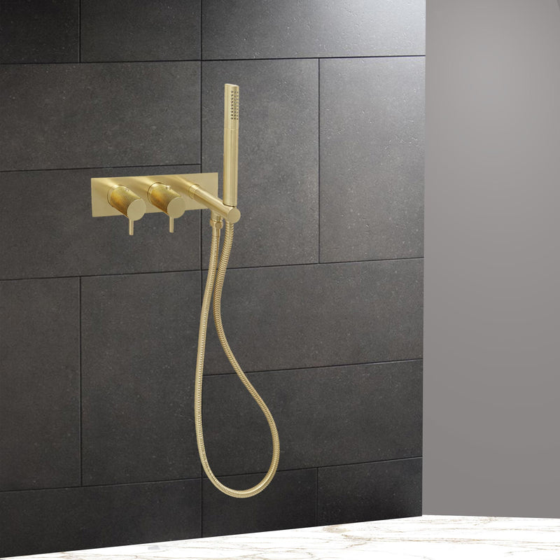 Brushed Gold Thermostatic 2 Outlet Shower Valve & Handset with Designer Handle, Dual Function Valve and Easy Fixing Plate