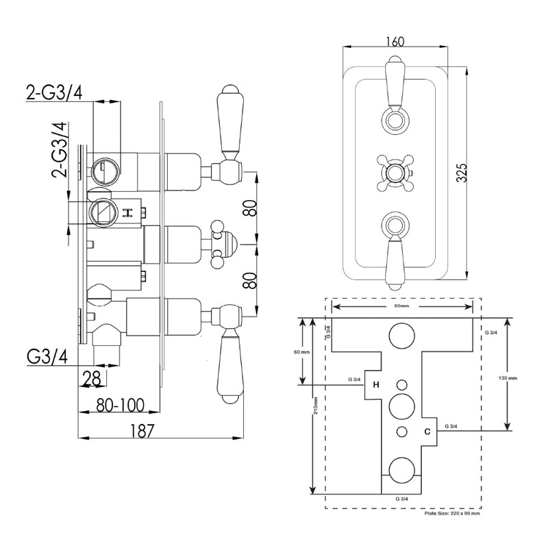 Thermostatic Concealed 3 Outlet Shower Valve technical drawings tapron
