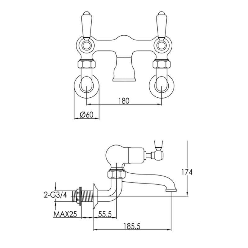 Wall Mounted Bath Filler Taps technical drawings