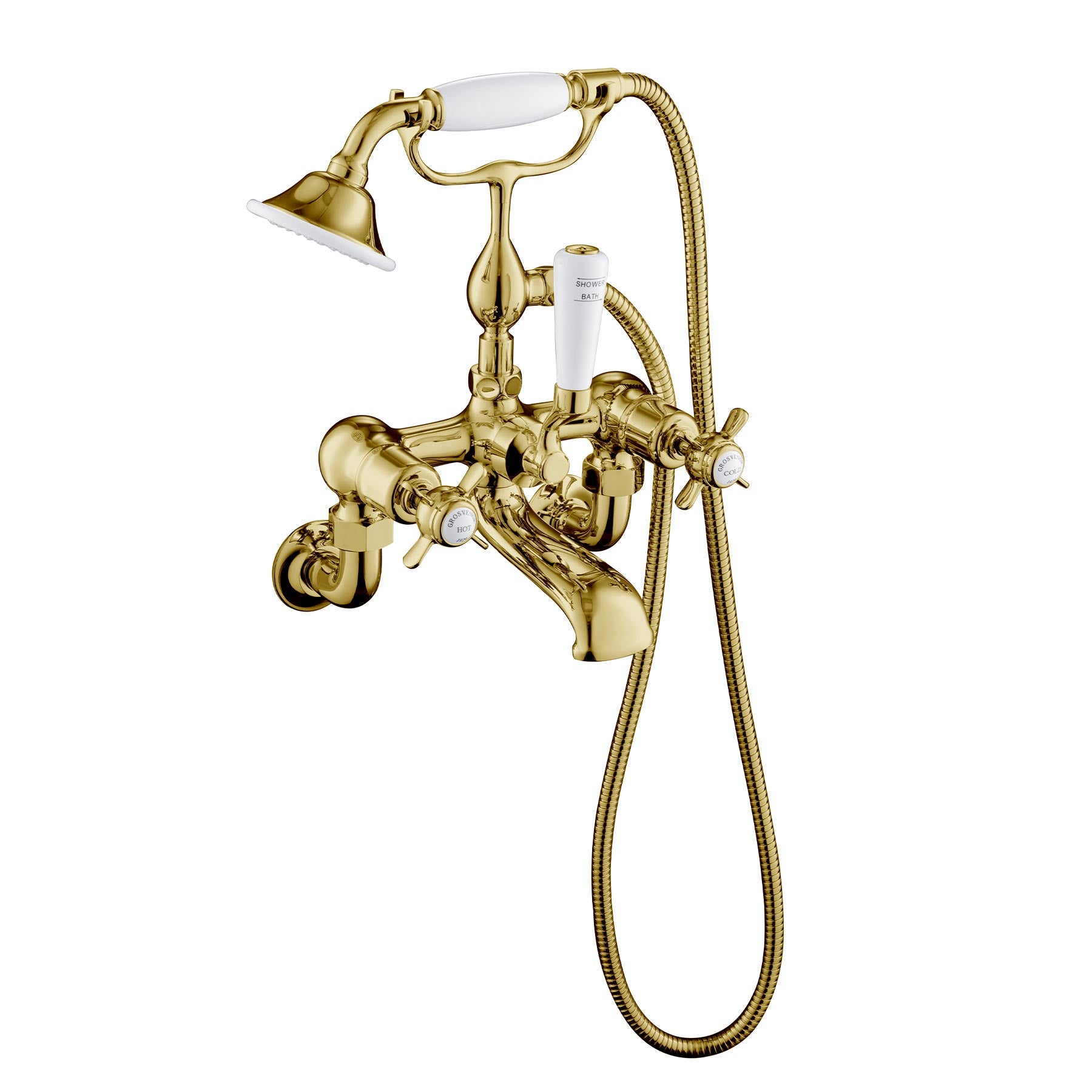 Victorian Gold Pinch Bath Shower Mixer Wall Mounted with Kit