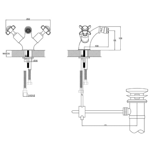 Gold Bidet Tap with Pop Up Waste Technical Drawing
