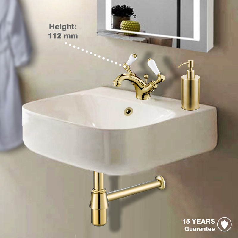 Gold Wall mounted basin mixer with gold counter top and  gold click clack