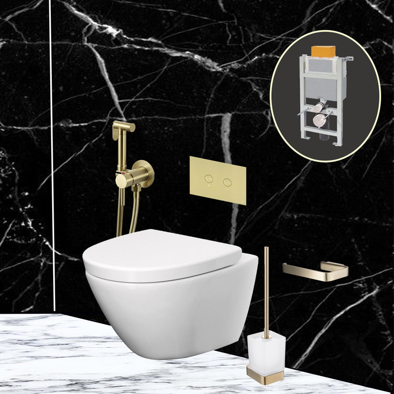 HIX Gold Toilet Roll Holder with Toilet Brush Holder and Douche Kit and Gold Toilet Flush Plate and toilet and cistern  -  Tapron