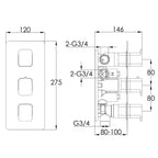 Thermostatic Concealed 3 Outlet Shower Valve Technical Drawing