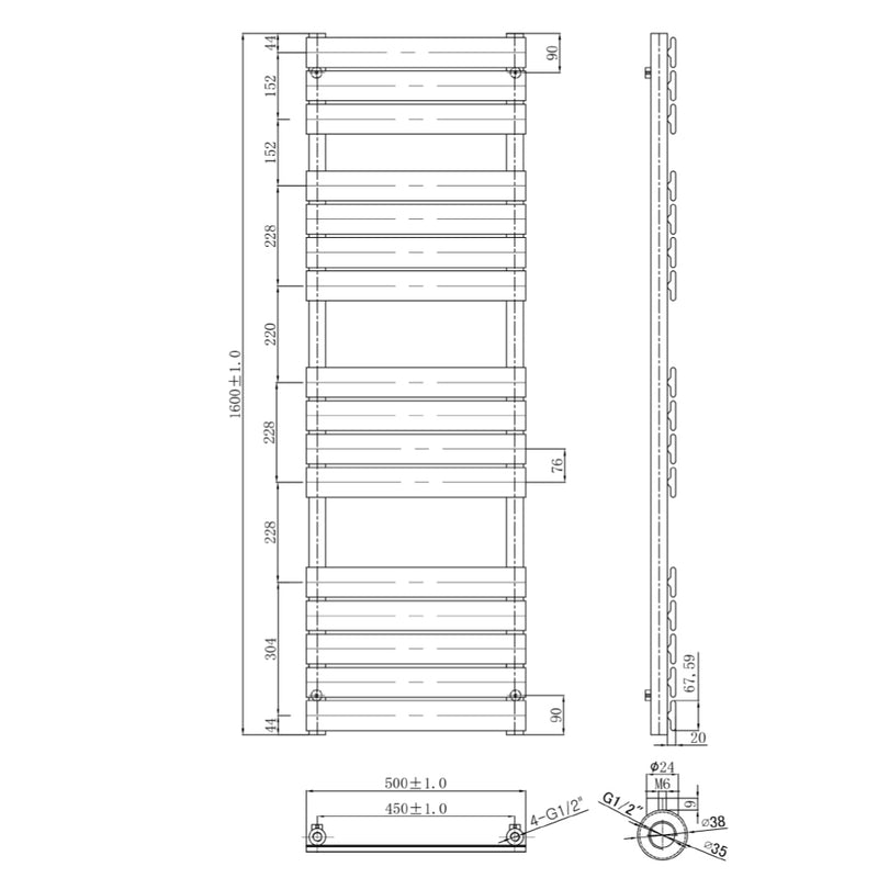 Vertical Gold Towel Radiator Technical Drawing