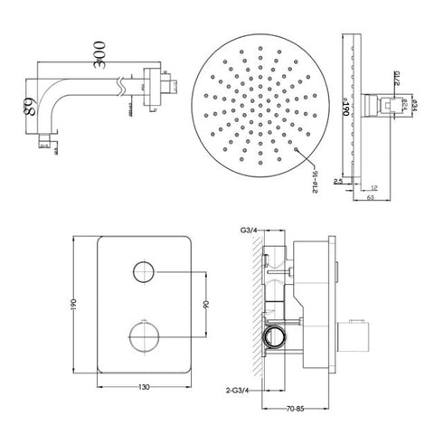 1 Outlet Thermostatic Push Button Shower Valve Technical Drawing
