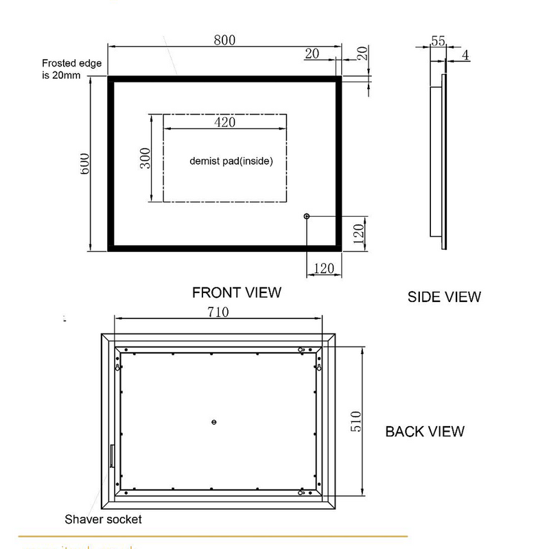 Mirror with Heated Pad and Touch Switch Technical Drawing