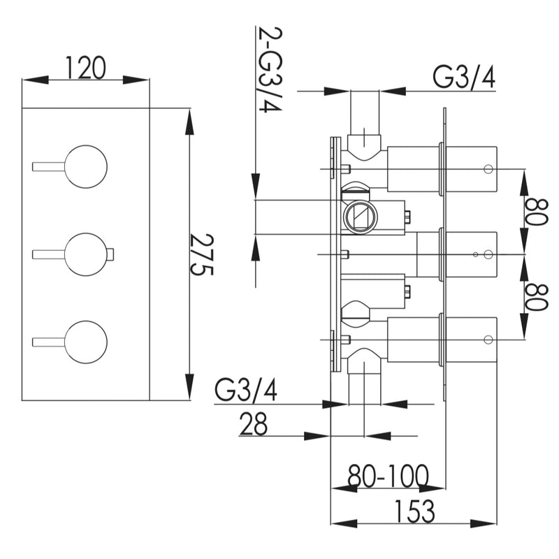thermostatic shower valve Technical Drawing