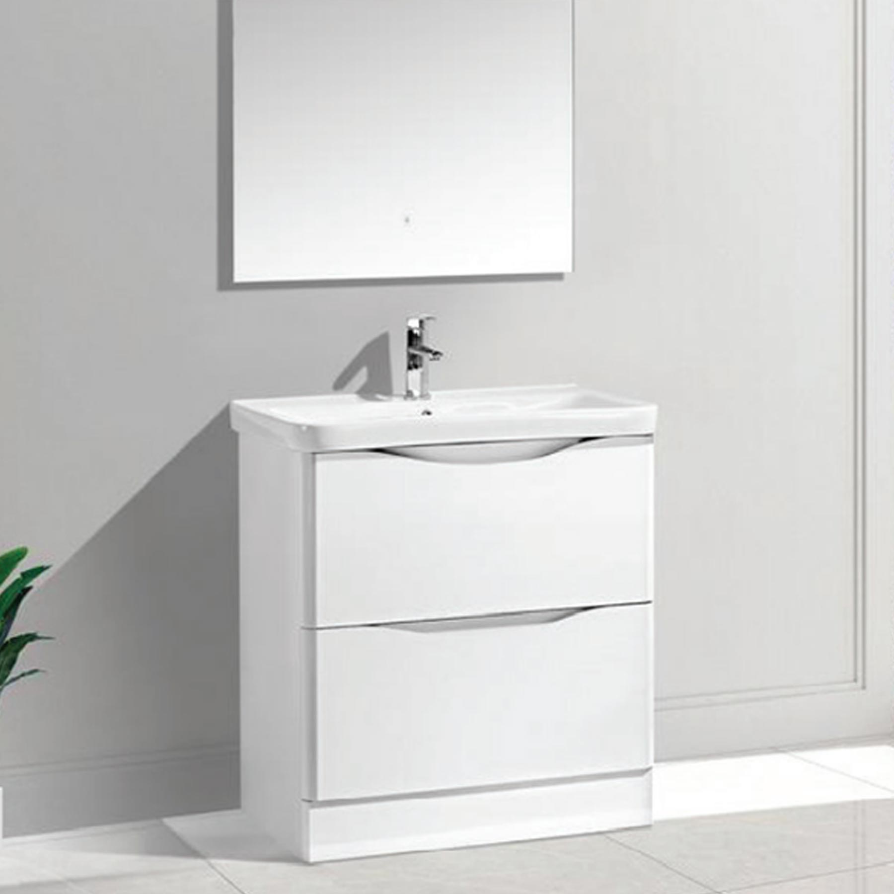 Isla Floor Standing Bathroom Cabinet with Deep Ceramic Basin with Glossy White Finish
