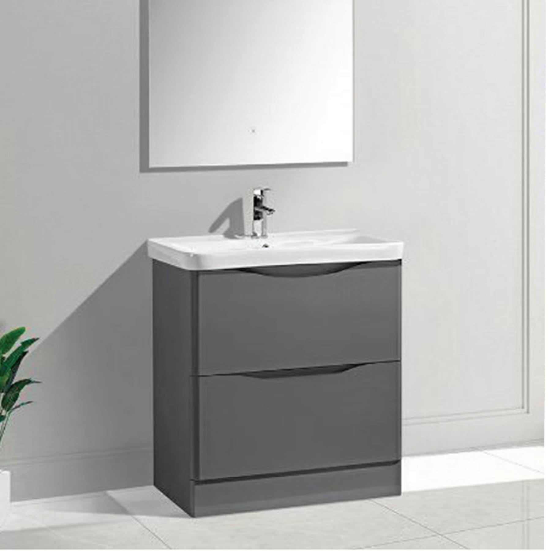 Isla Floor Standing Vanity Unit with Deep Ceramic Basin in Glossy Grey Finish