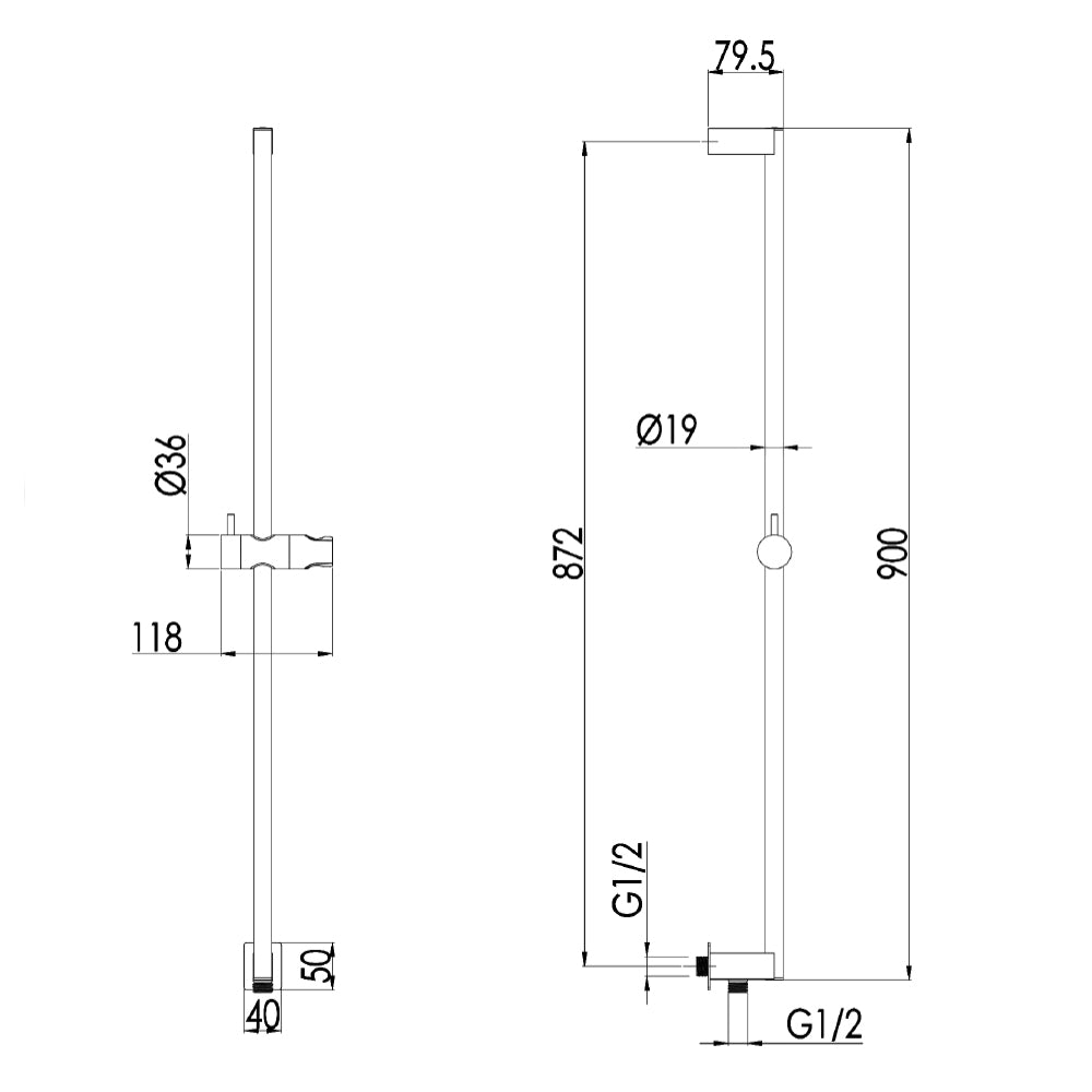 Shower Rail with Integrated Wall Outlet, Hose and Multi-Function Hand Shower dimensions