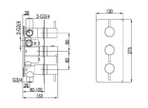 Curve Thermostatic Concealed 3 Outlet Shower Valve, Vertical - Tapron