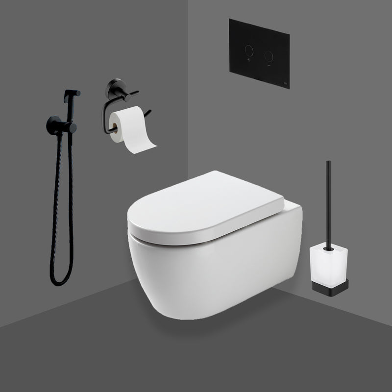 Matt black douche kit matt with black toilet roll holder and matt black flush plate and matt black toilet brush holder installed in a bathroom