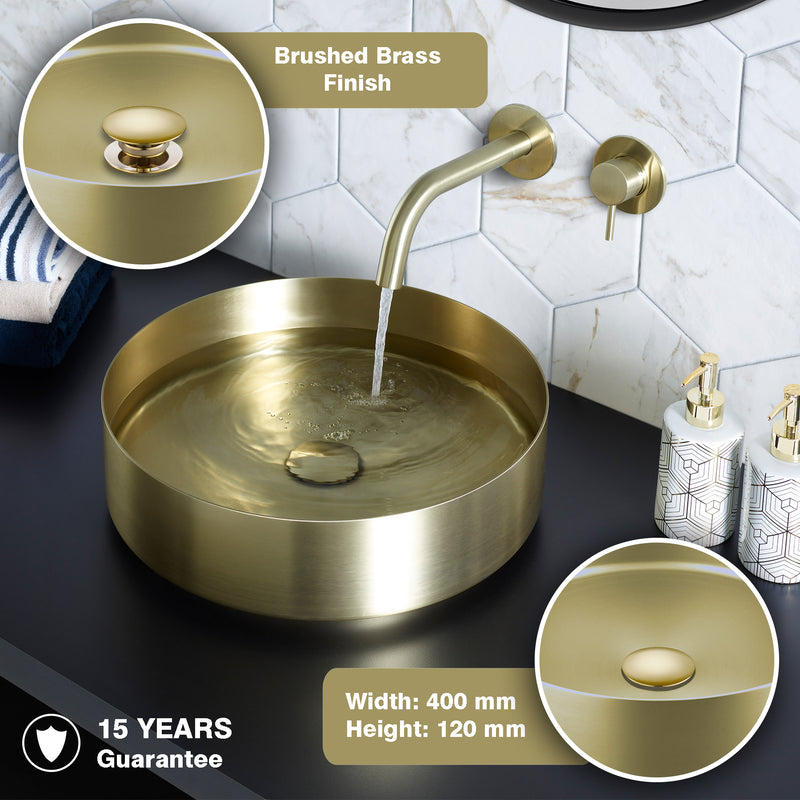Gold Round Bathroom Countertop Basin - Brushed Brass Finish-Tapron