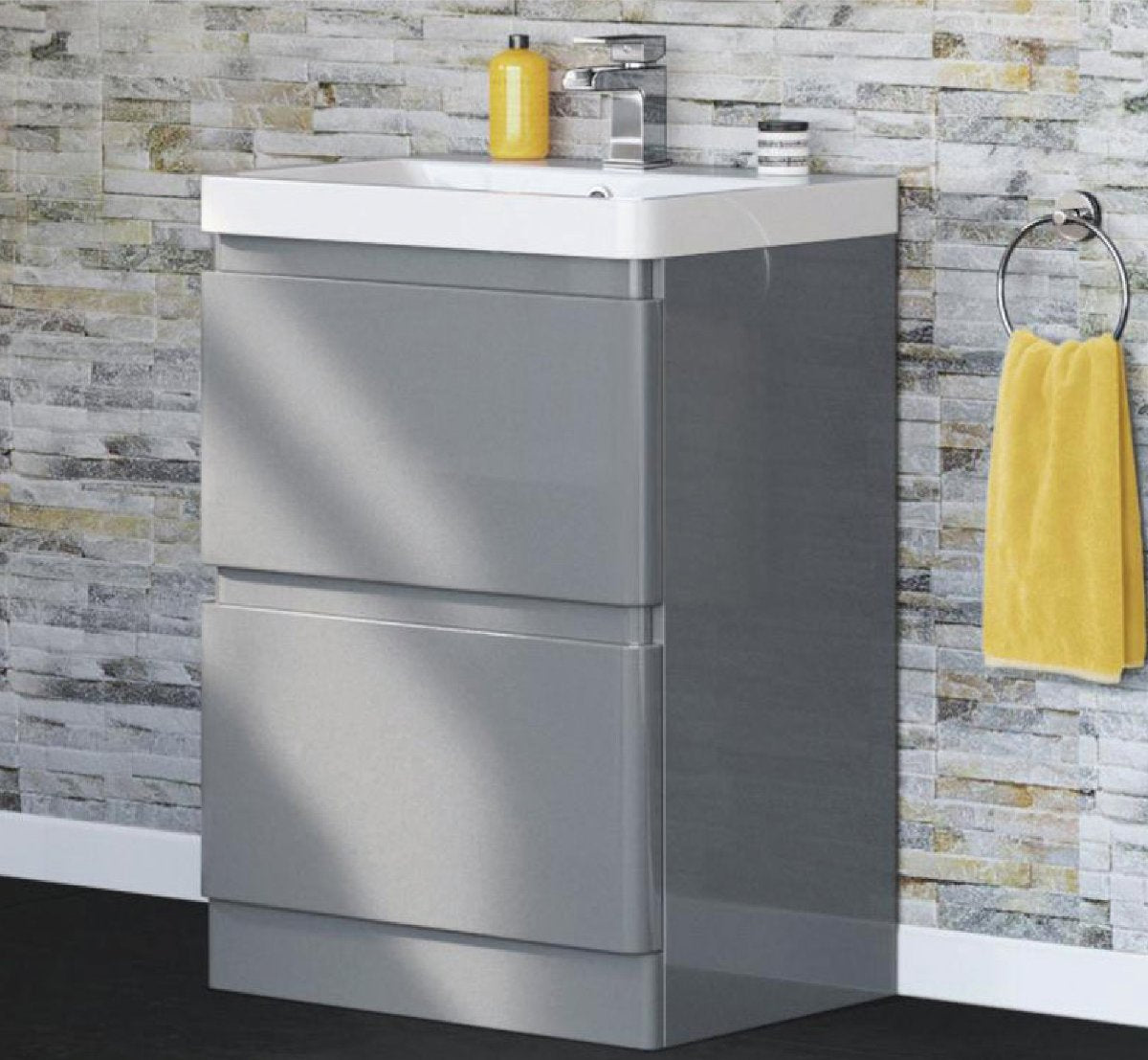 Nova 2 Drawer Floor Standing Vanity Unit with Deep Ceramic Basin in Glossy Grey Finish  Main image