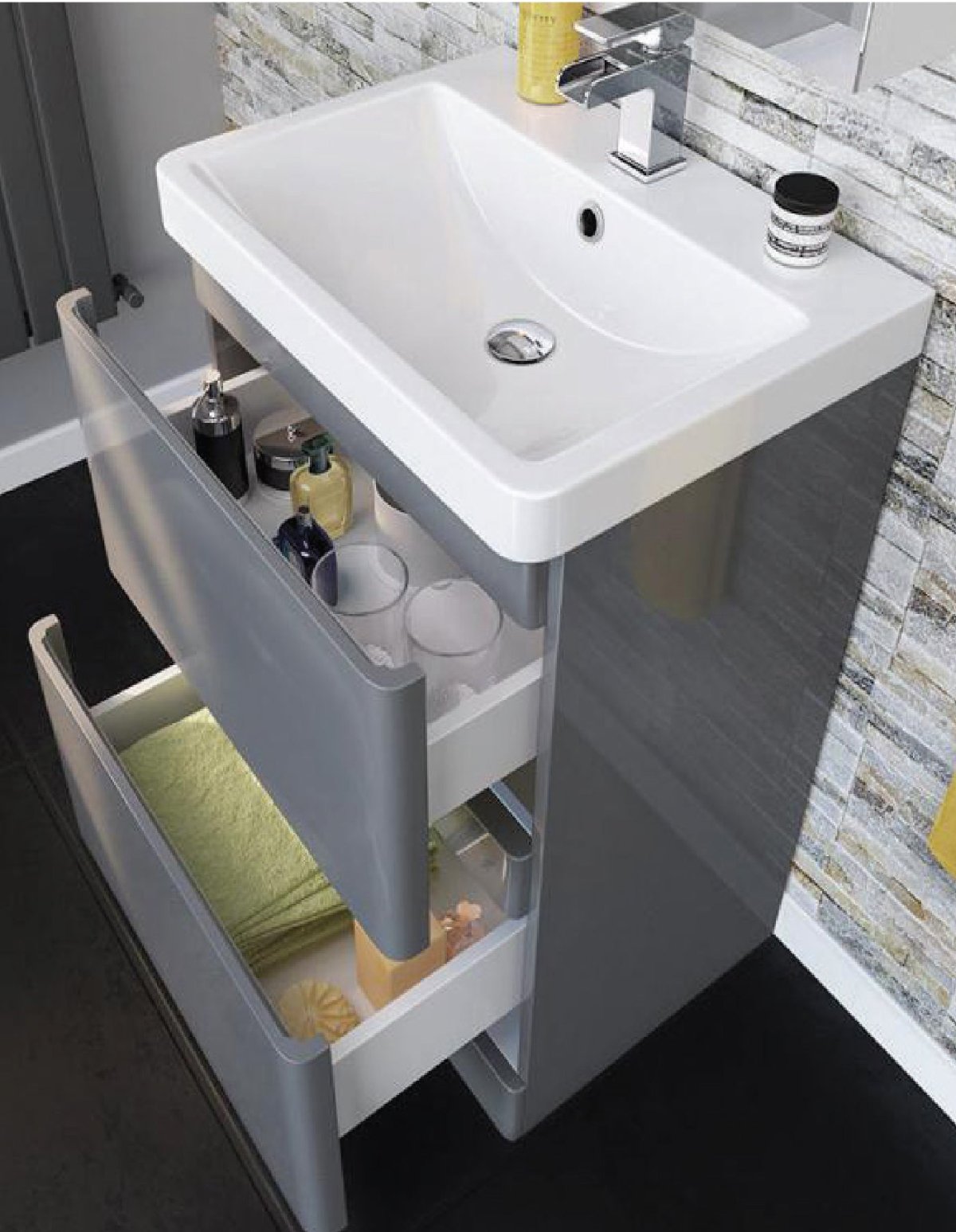 600mm Freestanding Grey Gloss Vanity Unit with Drawers Secondary image