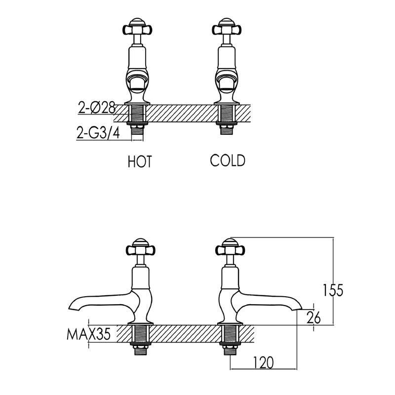 inch Long Nose Gold Basin Taps technical drawings - tapron