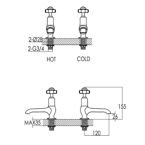 inch Long Nose Gold Basin Taps technical drawings - tapron