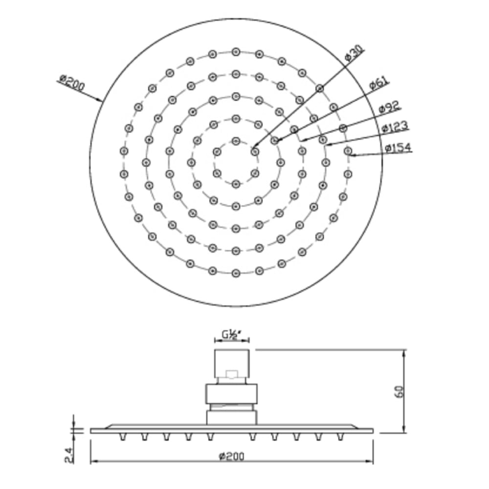 Square Ultra thin Overhead Shower Technical Drawing