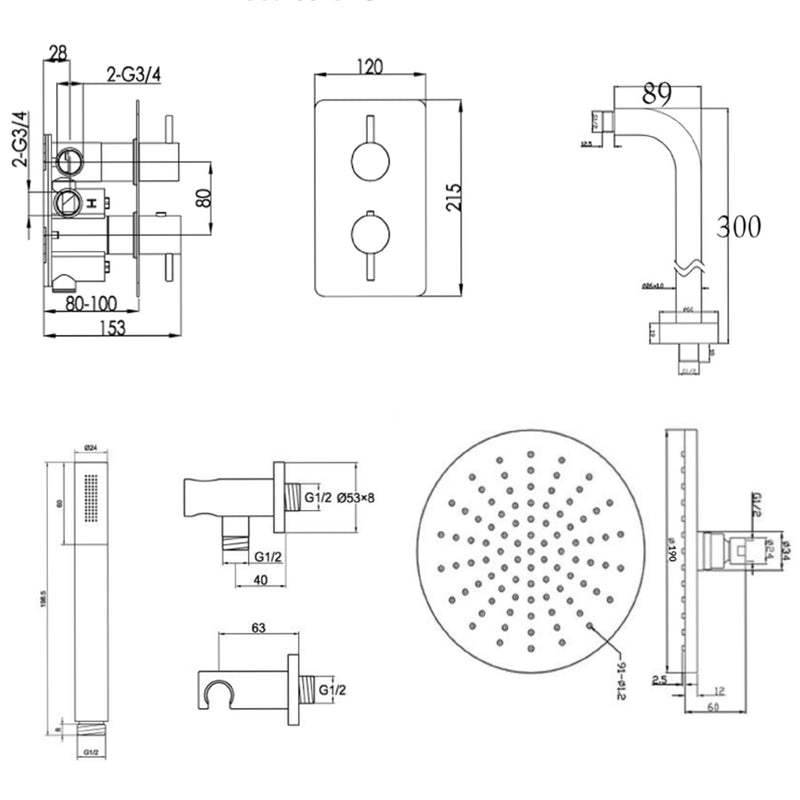 Concealed Thermostatic Shower Valve Technical Drawing