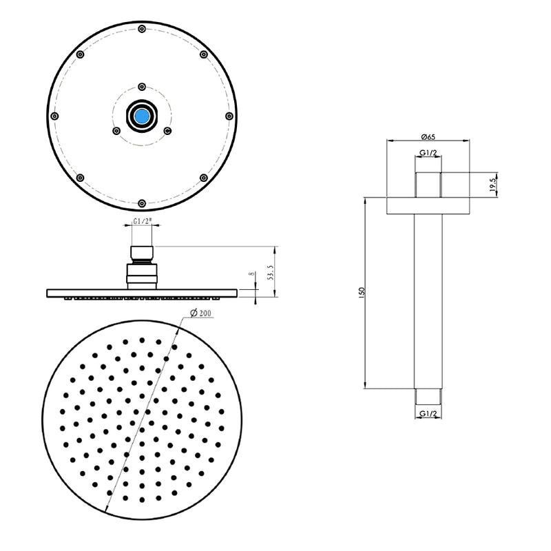 Round Fixed Showerhead Technical Drawing