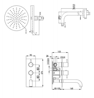 Thermostatic 2 Outlet Concealed Shower Valve  Technical Drawing