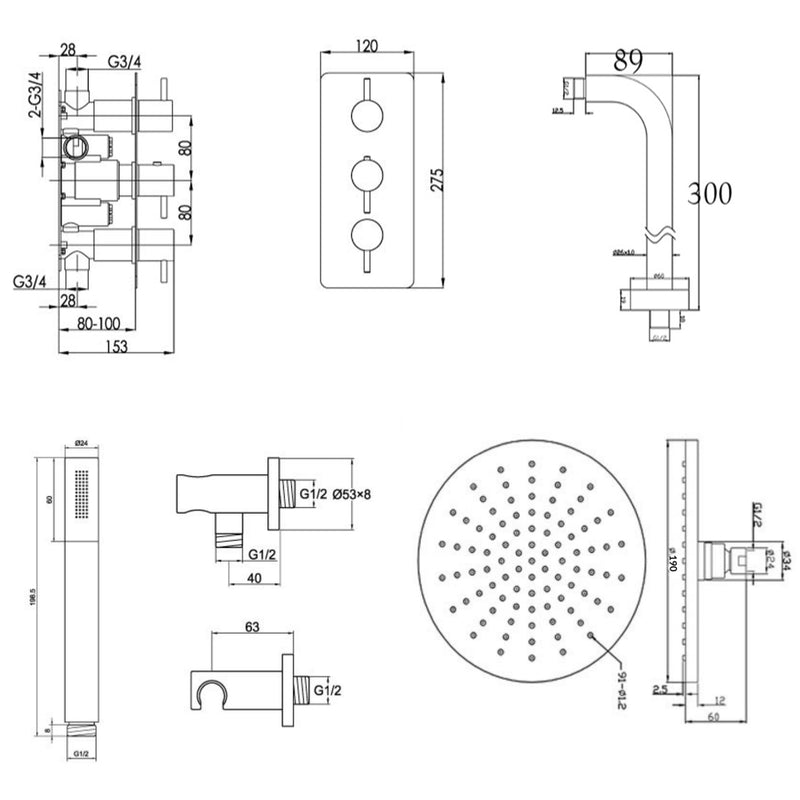 Shower Mixer, Fixed Showerhead and Handset Technical Drawing
