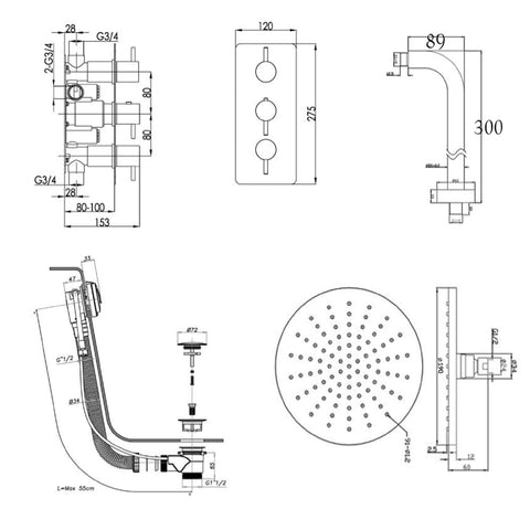 Thermostatic Shower Valve, Overhead Shower Technical Drawing