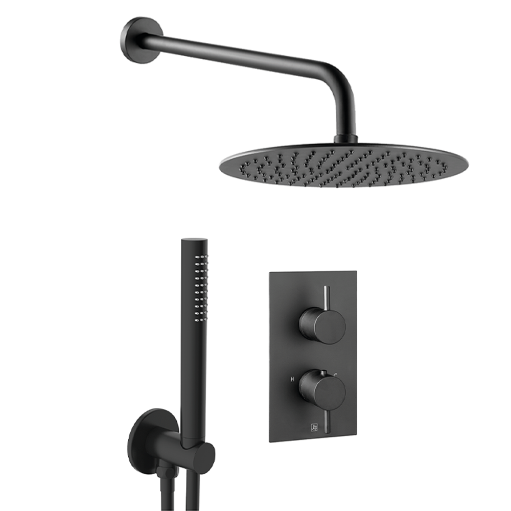 Matt Black  Shower Package with 2 Outlet Concealed Valve, Fixed Shower Arm & Head and Shower Kit Secondary image