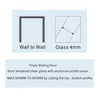 Triple Sliding Shower Door 900mm Wide - 4mm Glass Aluminium Profile Cover
